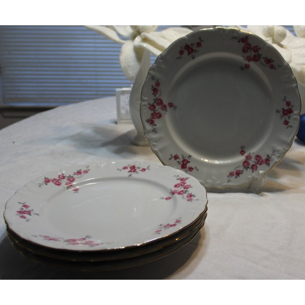 Set of 4 Dinner Plates 10 3/4" Winterling Pink Roses Bavaria Germany Vintage